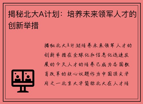 揭秘北大A计划：培养未来领军人才的创新举措